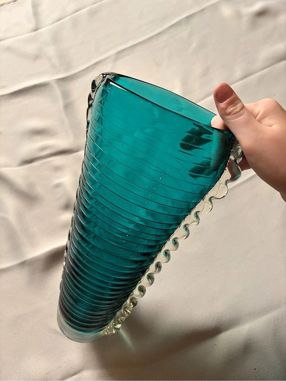 Turquoise Ribbed Glass Vase - Picture 2 of 3